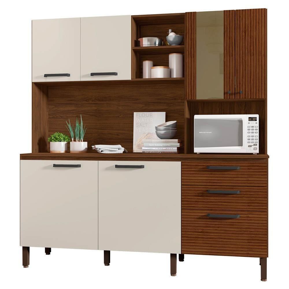 Armário De Cozinha Compacta 182cm Giga Balcão Com Tampo K02 Nogueira/off White/ripado - Mpozenato - 1