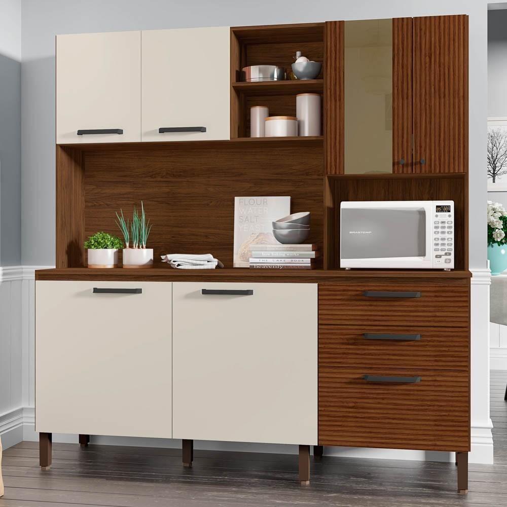 Armário De Cozinha Compacta 182cm Giga Balcão Com Tampo K02 Nogueira/off White/ripado - Mpozenato - 2