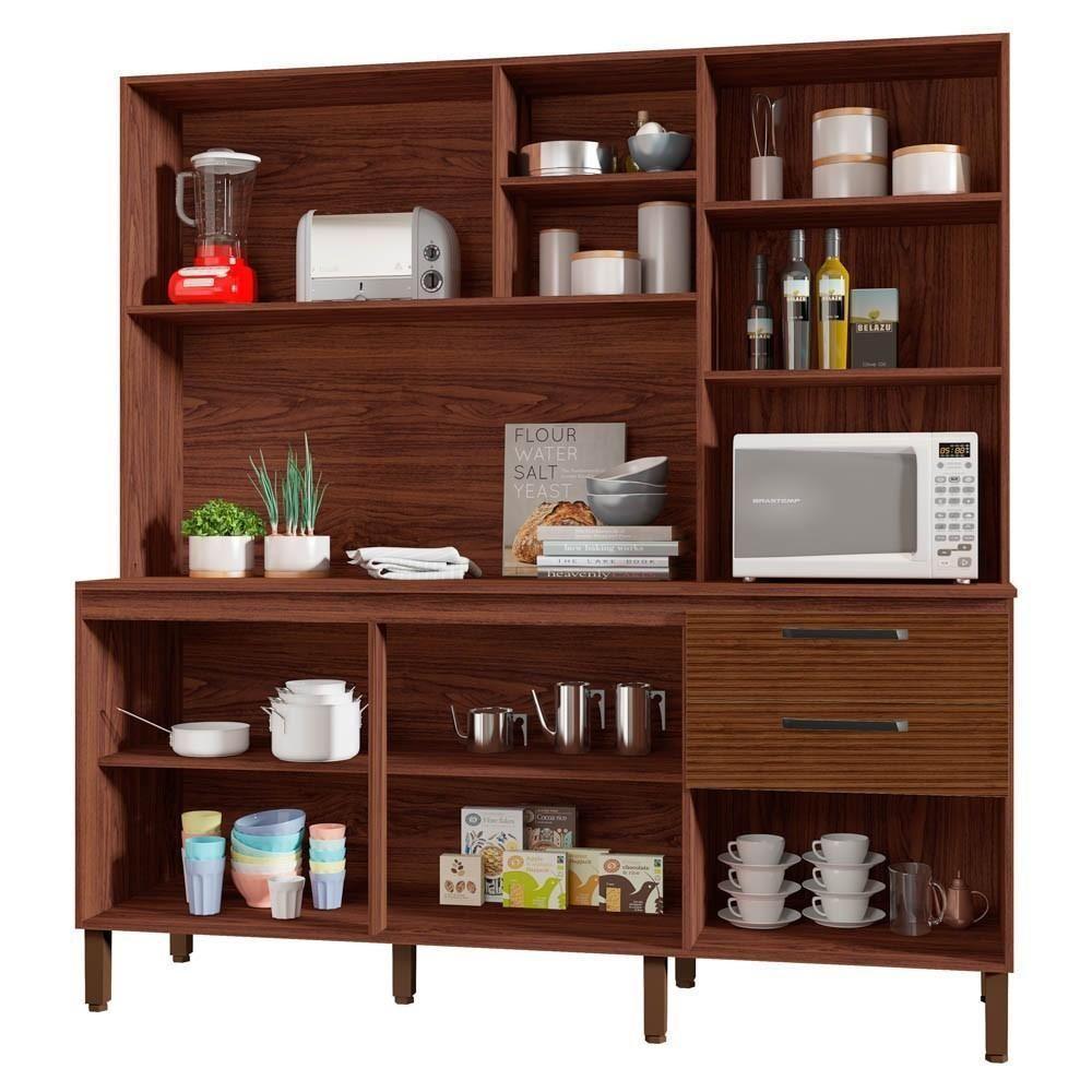 Armário De Cozinha Compacta 182cm Giga Balcão Com Tampo K02 Nogueira/off White/ripado - Mpozenato - 3