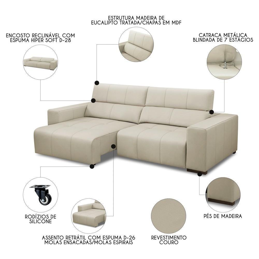 Sofá Retrátil Reclinável 4 Lugares 290cm Mare L08 Couro Off - Mpozenato - 3