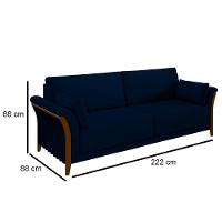 Sofá Living 3 Lugares 222cm Pés Madeira Roya M22 Veludo Azul Marinho - Mpozenato