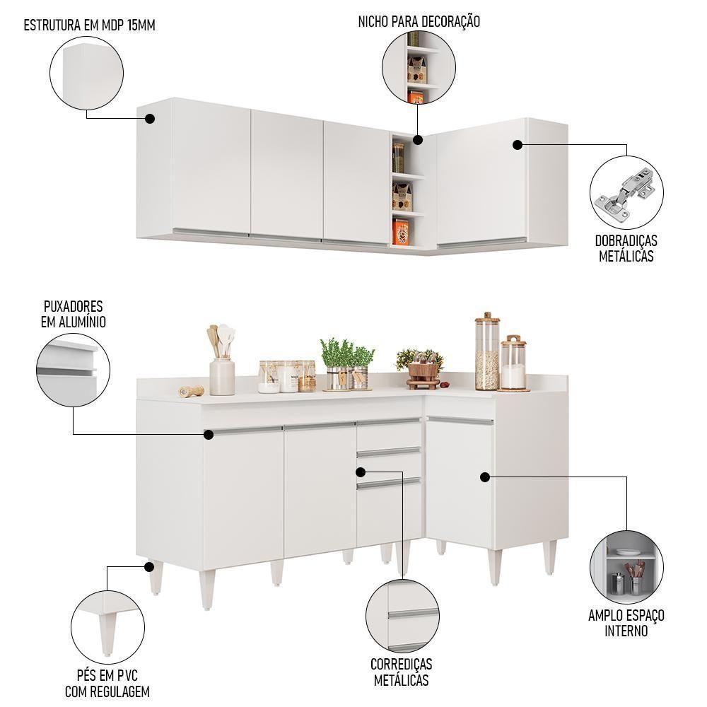 Armário De Cozinha Modulado De Canto Esquerdo 4 Peças Cp47 Balcão Com Tampo Branco - Lumil - 3