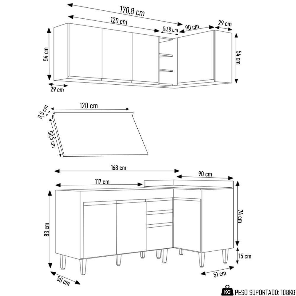 Armário De Cozinha Modulado De Canto Esquerdo 4 Peças Cp47 Balcão Com Tampo Branco - Lumil - 4