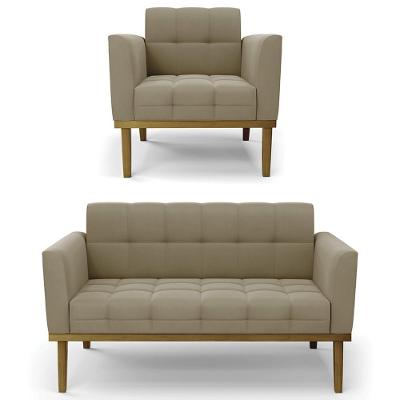 Sofá Namoradeira E 1 Poltrona Base Madeira Castanho Ana Suede Marrom Rt - Ibiza