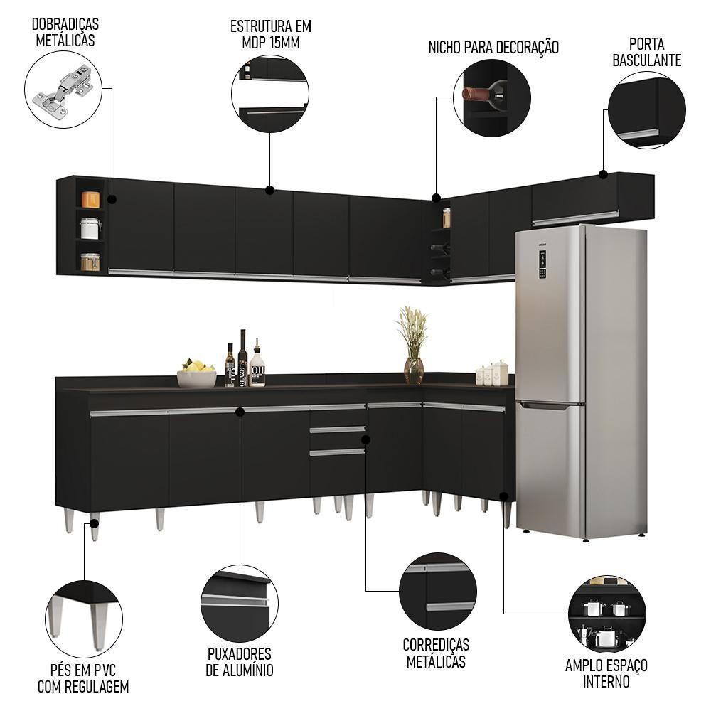 Armário De Cozinha Modulado De Canto 8 Peças Cp26 Balcão Com Tampo Preto - Lumil - 8