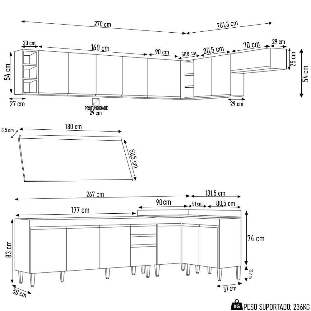 Armário De Cozinha Modulado De Canto 8 Peças Cp26 Balcão Com Tampo Preto - Lumil - 10