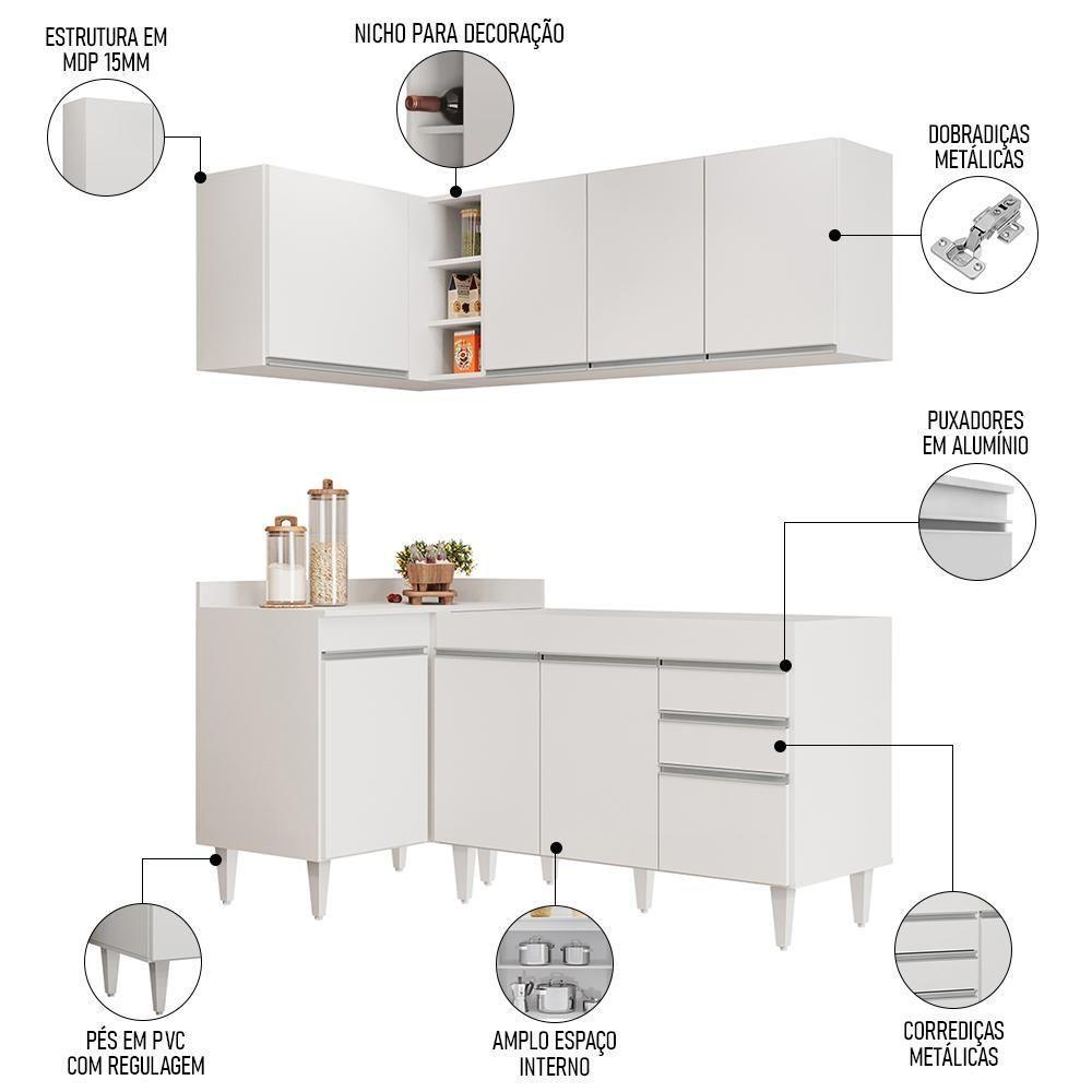 Armário De Cozinha Modulado De Canto Direito 4 Peças Cp37 Balcão Sem Tampo Branco - Lumil - 2