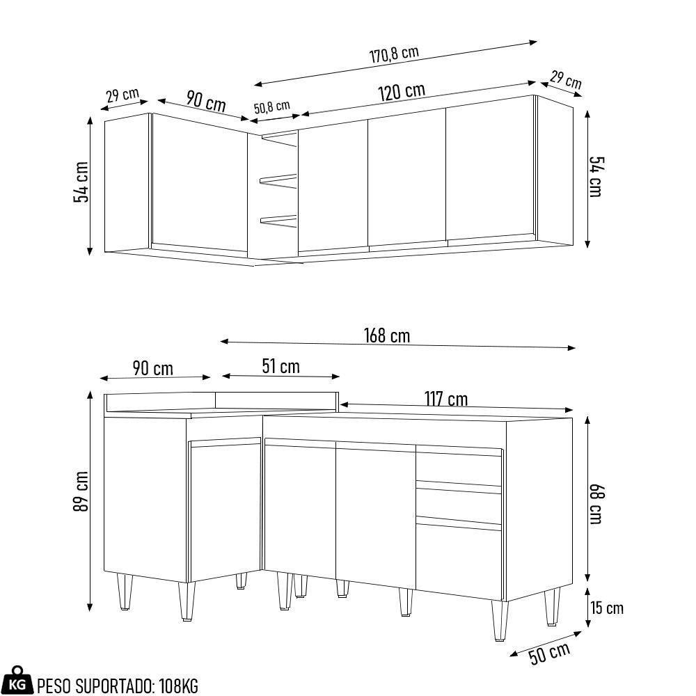 Armário De Cozinha Modulado De Canto Direito 4 Peças Cp37 Balcão Sem Tampo Branco - Lumil - 3