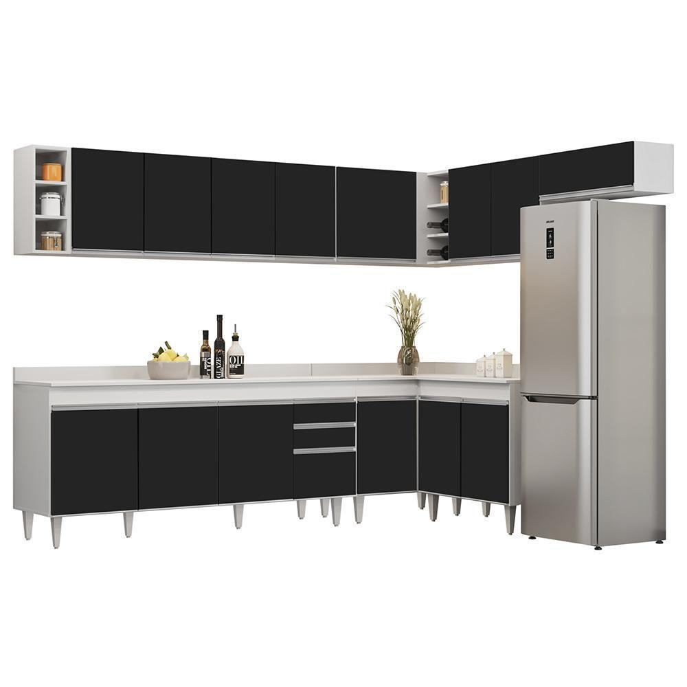 Armário De Cozinha Modulado De Canto 8 Peças Cp26 Balcão Com Tampo Branco/preto - Lumil - 1