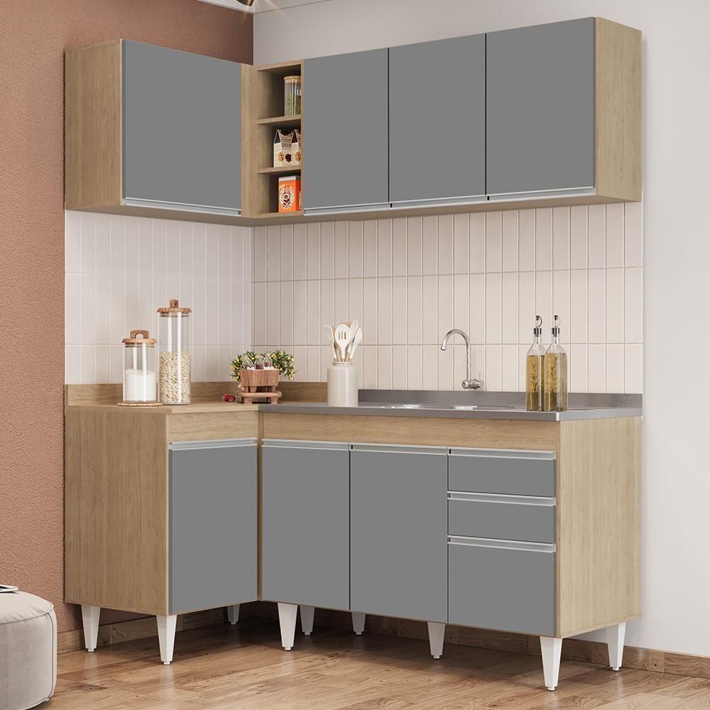 Armário De Cozinha Modulado De Canto Direito 4 Peças Cp39 Com Pia Inox Castanho/cinza - Lumil - 2
