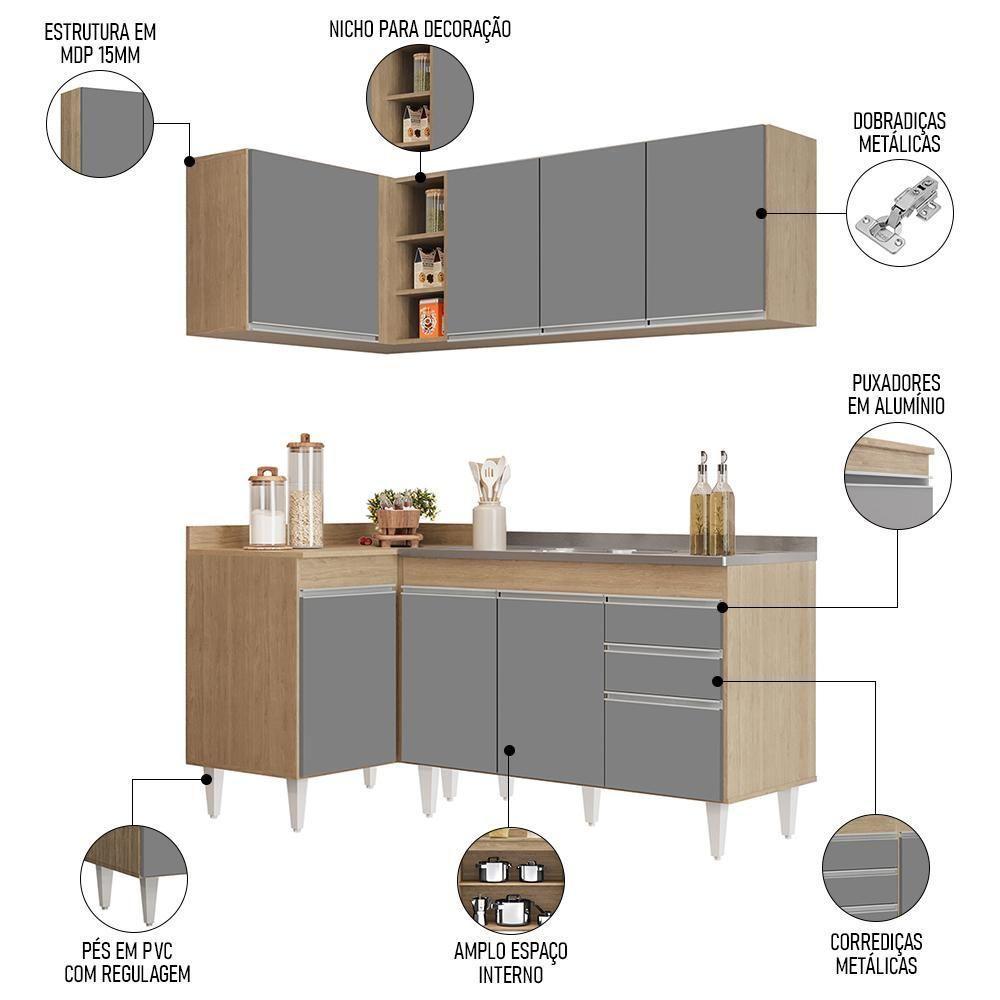 Armário De Cozinha Modulado De Canto Direito 4 Peças Cp39 Com Pia Inox Castanho/cinza - Lumil - 3
