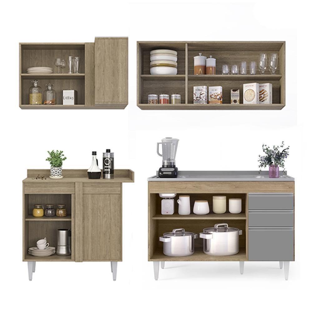 Armário De Cozinha Modulado De Canto Direito 4 Peças Cp39 Com Pia Inox Castanho/cinza - Lumil - 6