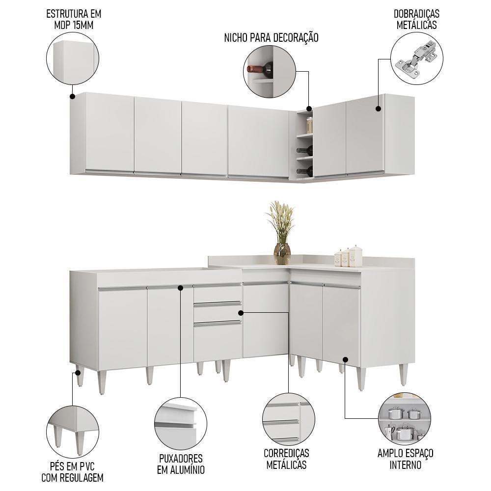 Armário De Cozinha Modulado De Canto 6 Peças Cp28 Balcão Sem Tampo Branco - Lumil - 7
