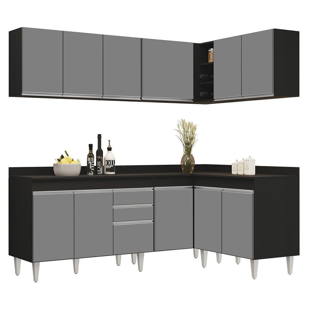 Armário De Cozinha Modulado De Canto 6 Peças Cp29 Balcão Com Tampo Preto/cinza - Lumil - 1