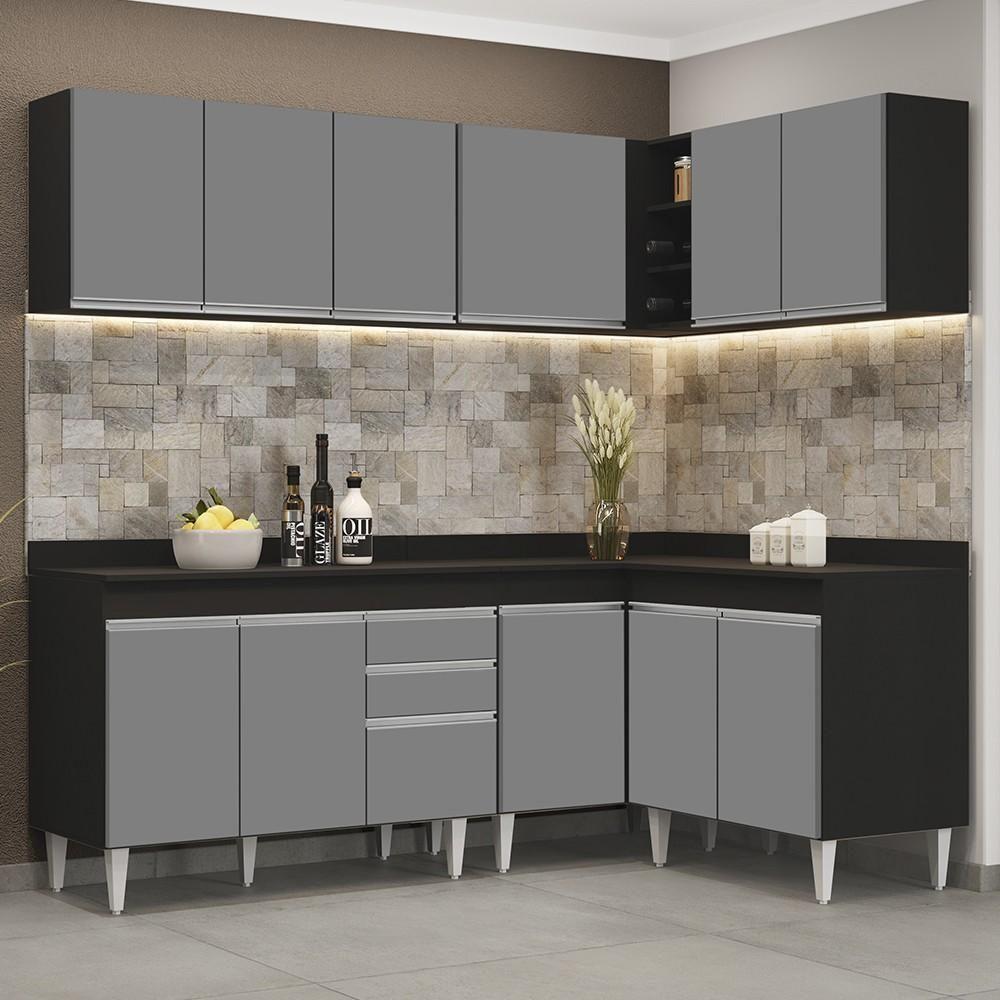 Armário De Cozinha Modulado De Canto 6 Peças Cp29 Balcão Com Tampo Preto/cinza - Lumil - 2