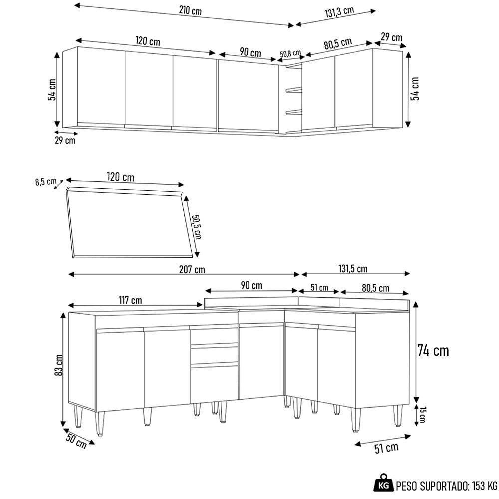 Armário De Cozinha Modulado De Canto 6 Peças Cp29 Balcão Com Tampo Preto/cinza - Lumil - 4
