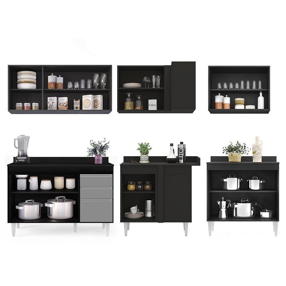 Armário De Cozinha Modulado De Canto 6 Peças Cp29 Balcão Com Tampo Preto/cinza - Lumil - 6