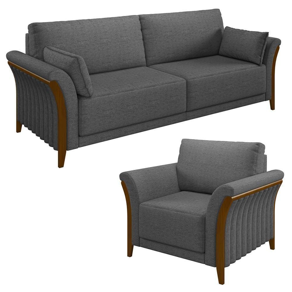 Kit Sofá Living 3 Lugares E Poltrona 102cm Pés Madeira Roya M22 Linho Cinza Escuro - Mpozenato - 1