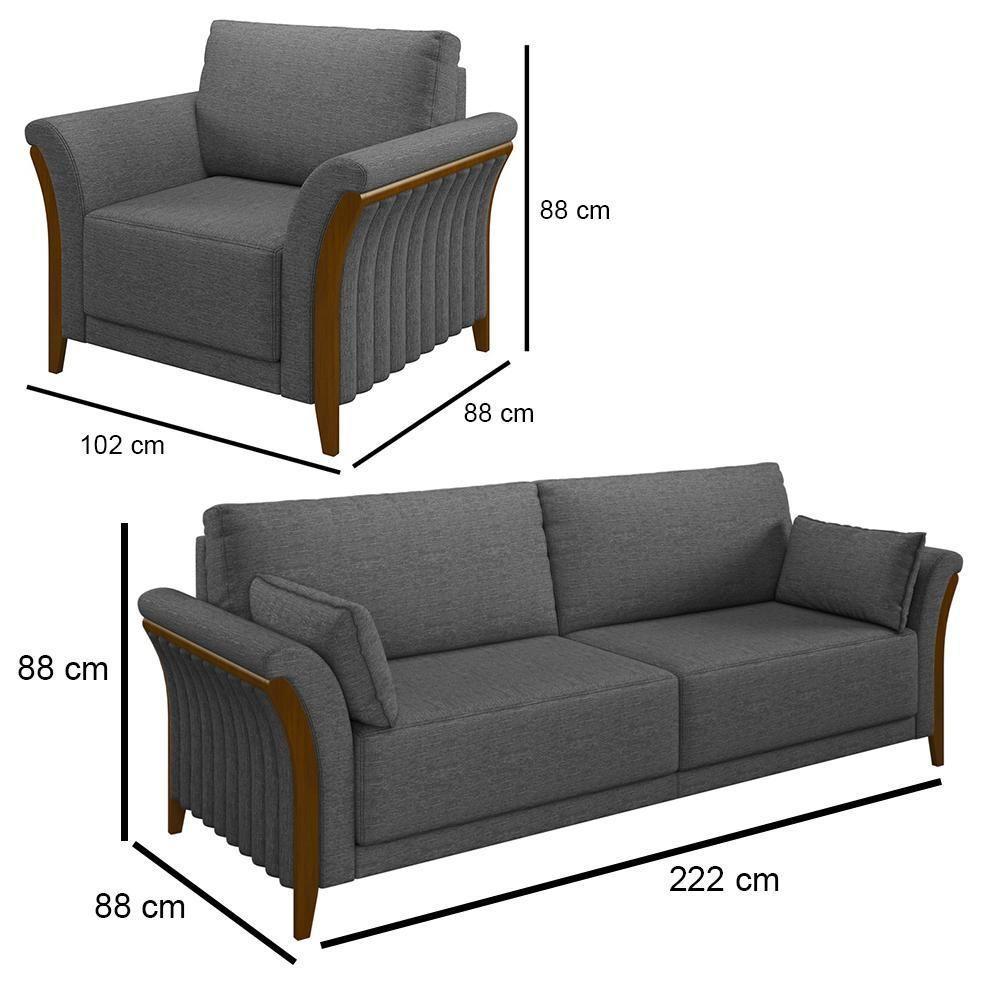 Kit Sofá Living 3 Lugares E Poltrona 102cm Pés Madeira Roya M22 Linho Cinza Escuro - Mpozenato - 4