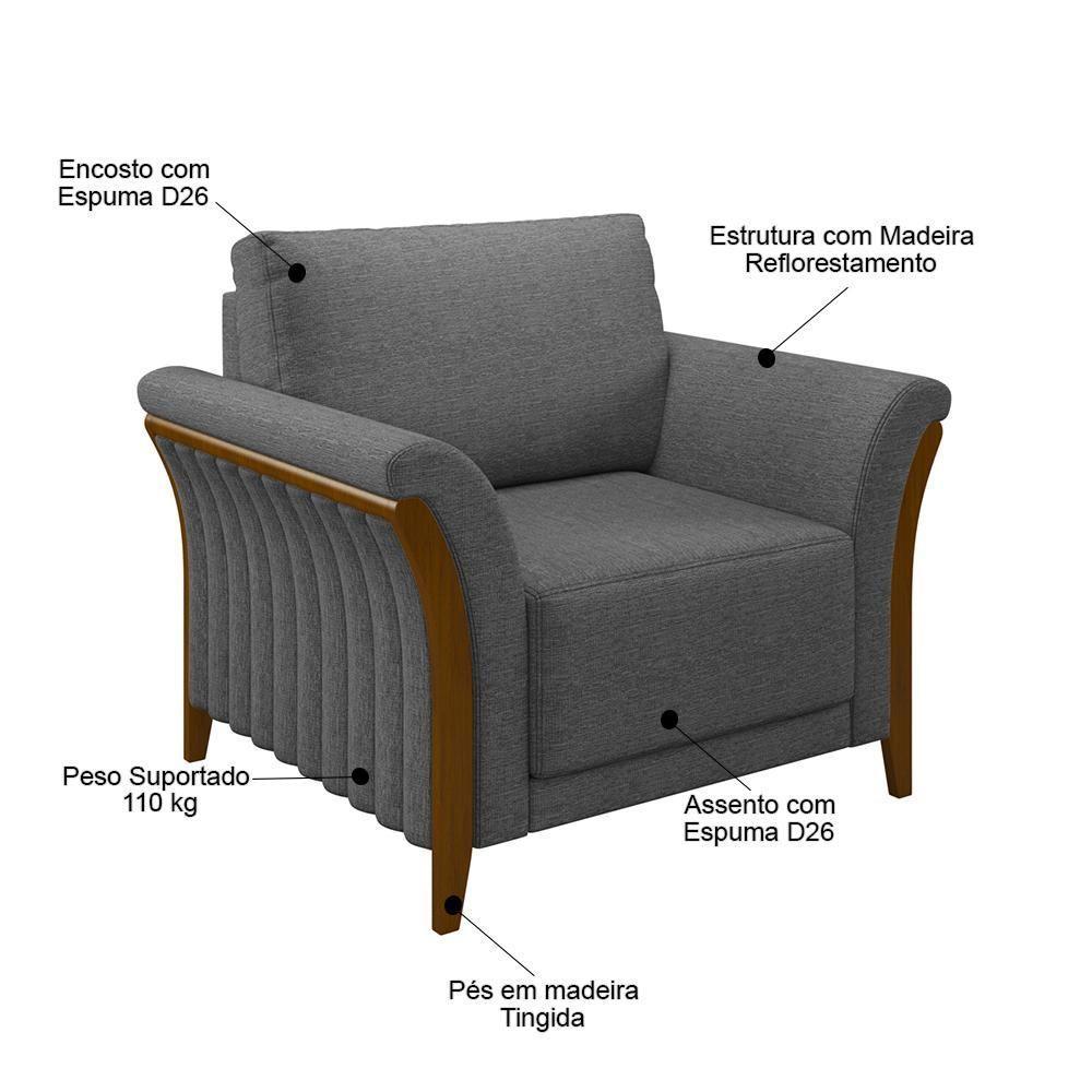 Kit Sofá Living 3 Lugares E Poltrona 102cm Pés Madeira Roya M22 Linho Cinza Escuro - Mpozenato - 5