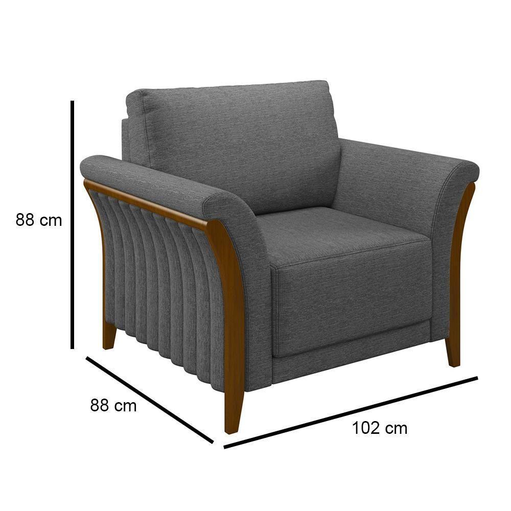 Kit Sofá Living 3 Lugares E Poltrona 102cm Pés Madeira Roya M22 Linho Cinza Escuro - Mpozenato - 7