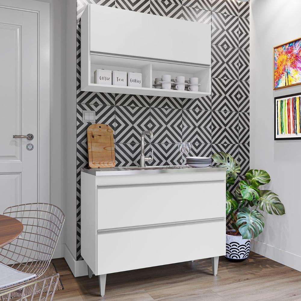 Armário De Cozinha Com Nichos Cp01 Com Pia 100cm M24 Branco - Mpozenato - 2