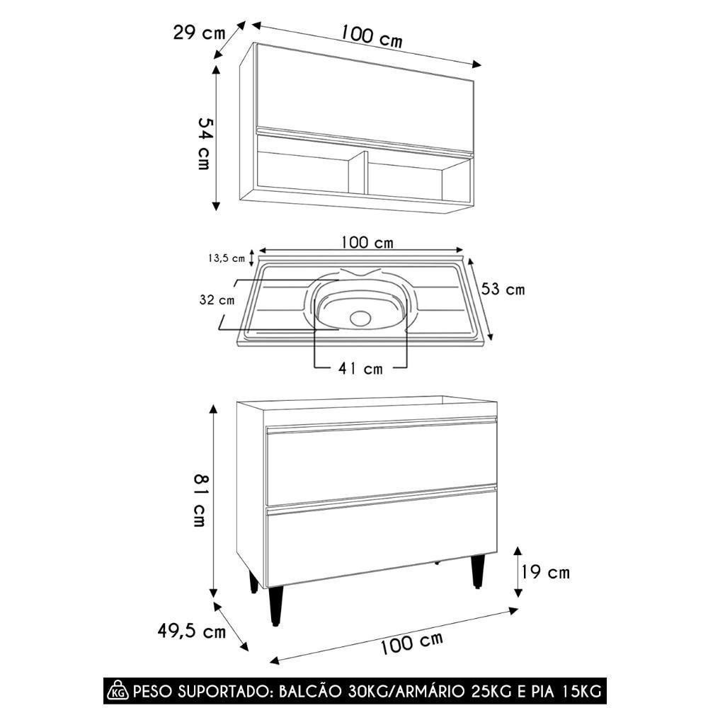Armário De Cozinha Com Nichos Cp01 Com Pia 100cm M24 Branco - Mpozenato - 4