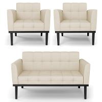 Sofá Namoradeira E 2 Poltronas Base Madeira Preto Ana Veludo Luxo Off White - Ibiza - 1