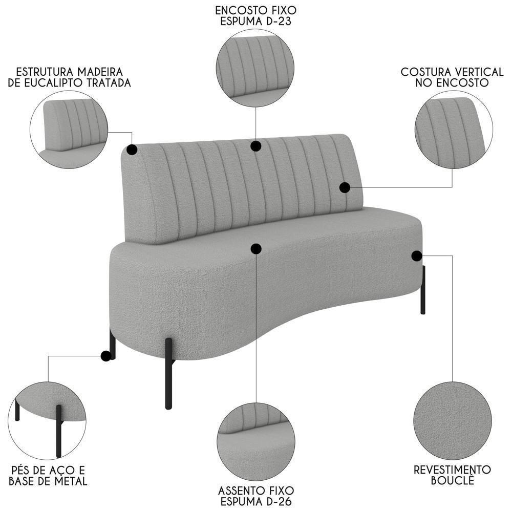 Sofá 2 Lugares 135cm Pés Aço Preto Tamar K04 Bouclê Cinza - Mpozenato - 4