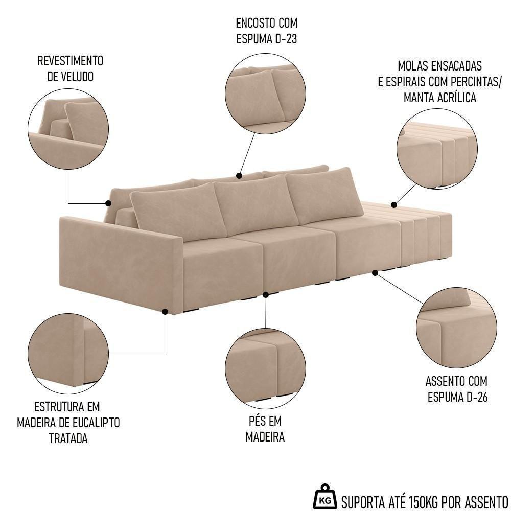 Sofá Ilha Modular Com Puff Para Sala Living 342cm Georgia K04 Veludo Bege - Mpozenato - 7