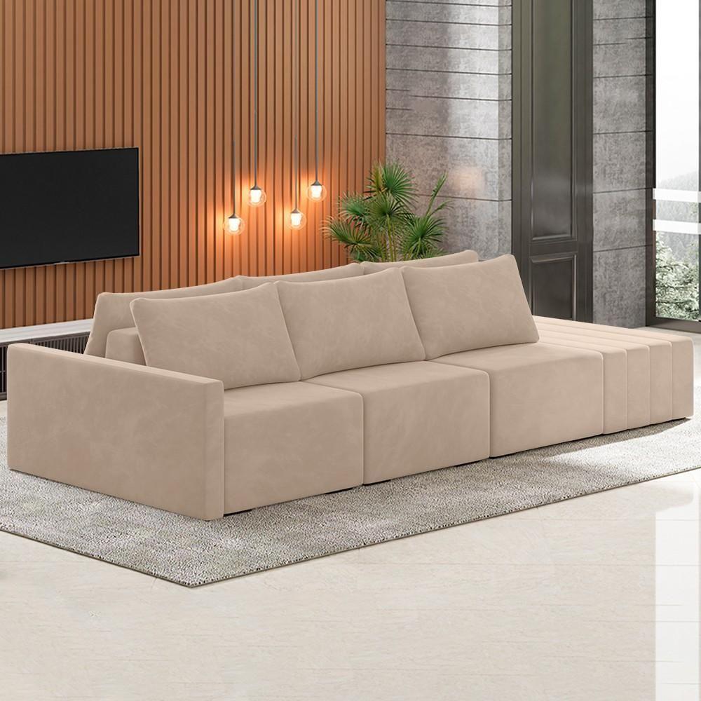 Sofá Ilha Modular Com Puff Para Sala Living 342cm Georgia K04 Veludo Bege - Mpozenato - 8