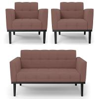 Sofá Namoradeira E 2 Poltronas Base Madeira Preto Ana Veludo Rosê - Ibiza - 1