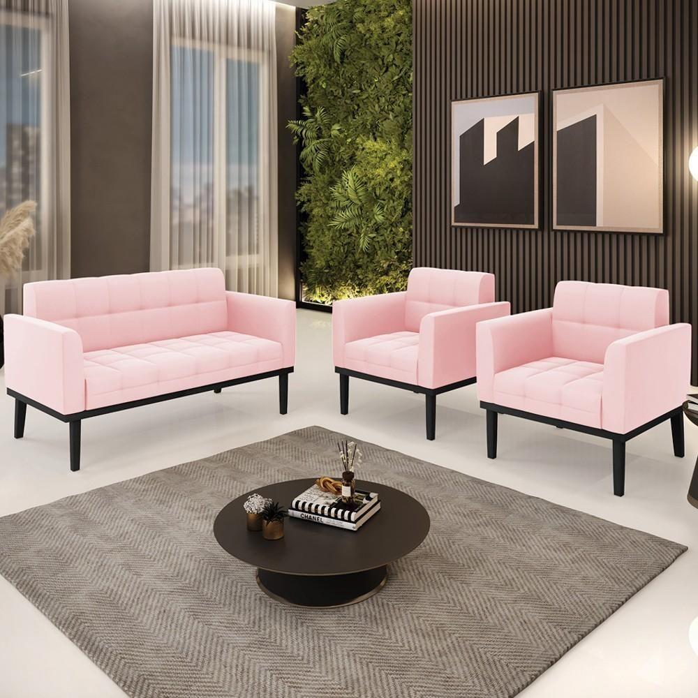 Sofá Namoradeira E 2 Poltronas Base Madeira Preto Ana Suede Rosa Bebê - Ibiza - 2