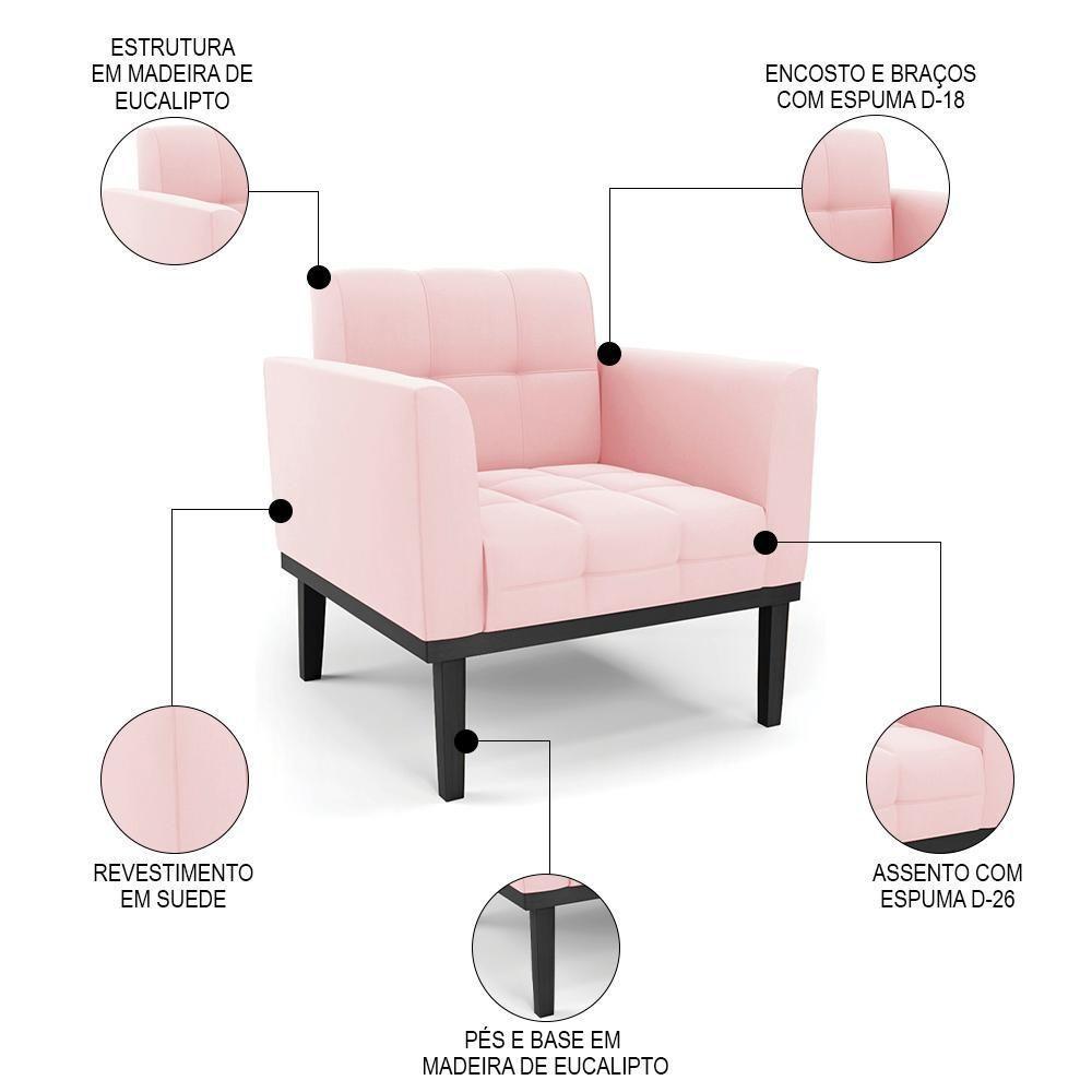 Sofá Namoradeira E 2 Poltronas Base Madeira Preto Ana Suede Rosa Bebê - Ibiza - 5
