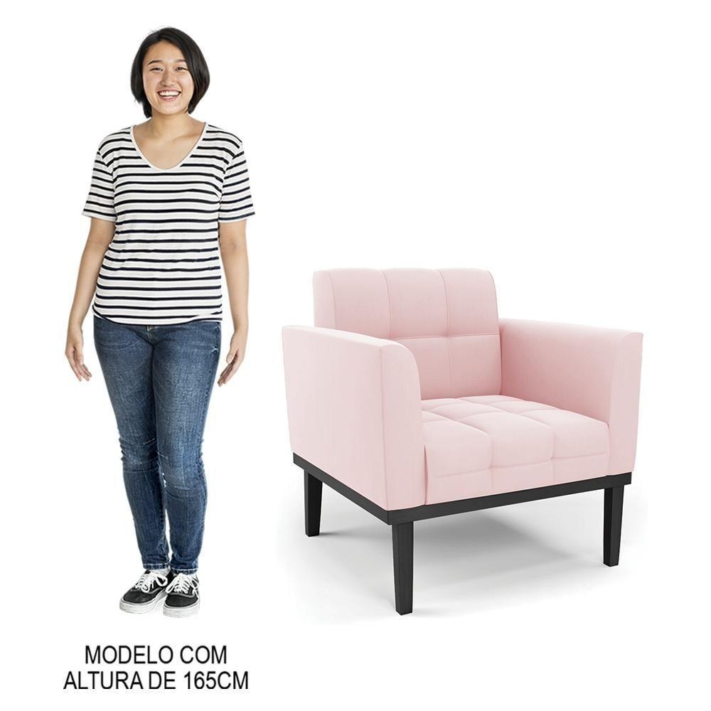 Sofá Namoradeira E 2 Poltronas Base Madeira Preto Ana Suede Rosa Bebê - Ibiza - 7