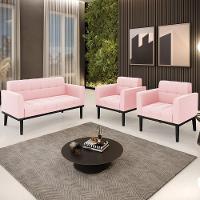 Sofá Namoradeira E 2 Poltronas Base Madeira Preto Ana Suede Rosa Bebê - Ibiza - 2