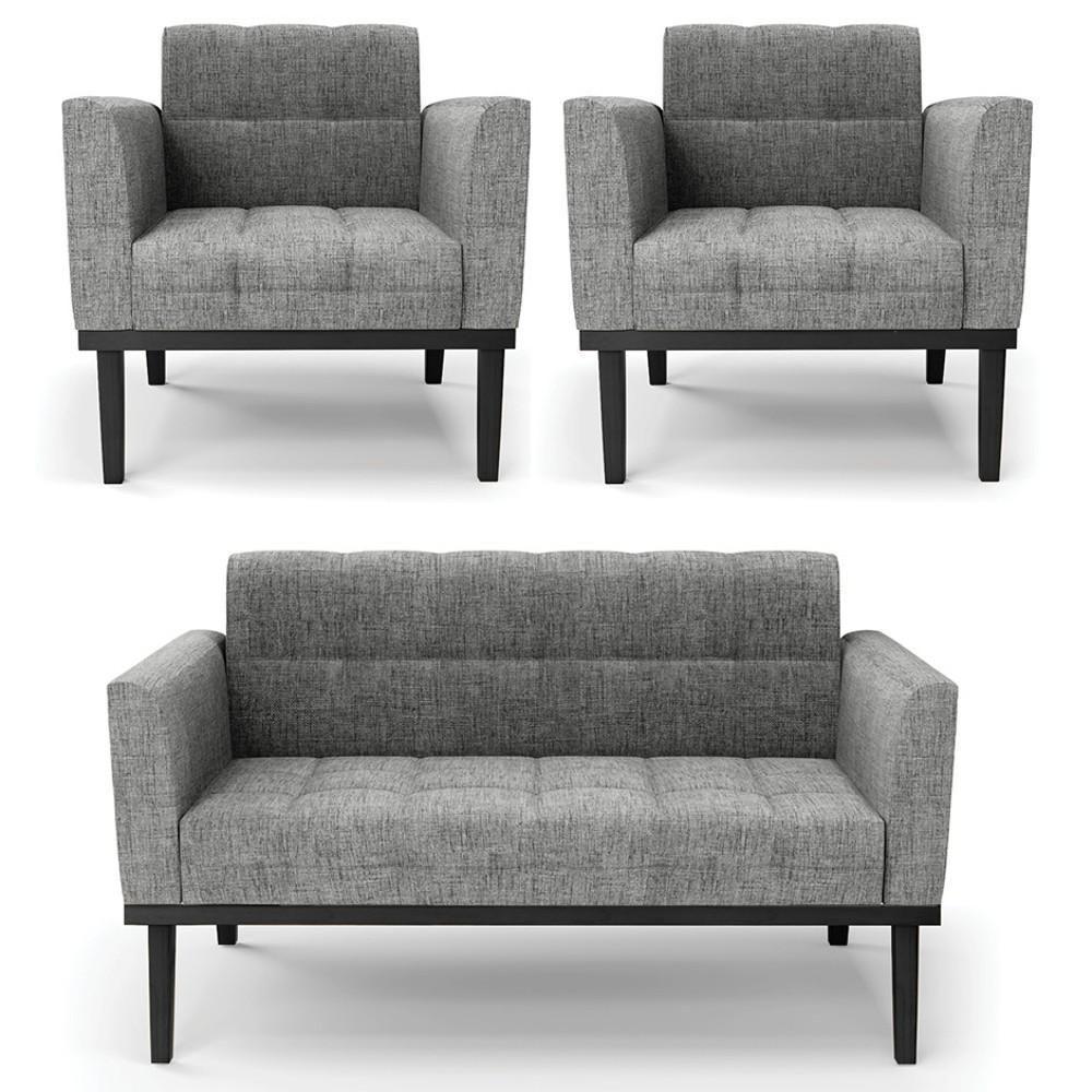 Sofá Namoradeira E 2 Poltronas Base Madeira Preto Ana Linho Grafite - Ibiza - 1