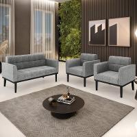 Sofá Namoradeira E 2 Poltronas Base Madeira Preto Ana Linho Grafite - Ibiza - 2