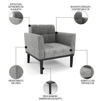 Sofá Namoradeira E 2 Poltronas Base Madeira Preto Ana Linho Grafite - Ibiza - 5