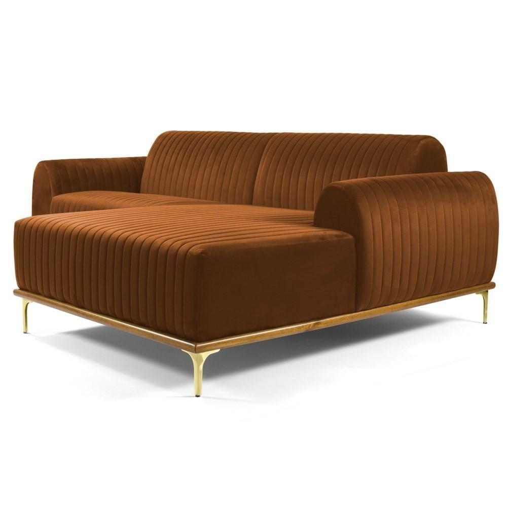 Sofá 265cm 4 Lugares Com Chaise Direito Pés Gold Molino C-262 Veludo Telha - Domi - 1