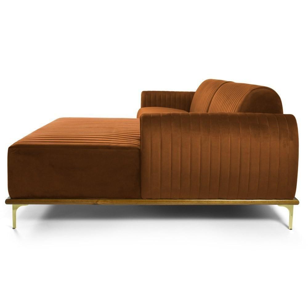 Sofá 265cm 4 Lugares Com Chaise Direito Pés Gold Molino C-262 Veludo Telha - Domi - 6