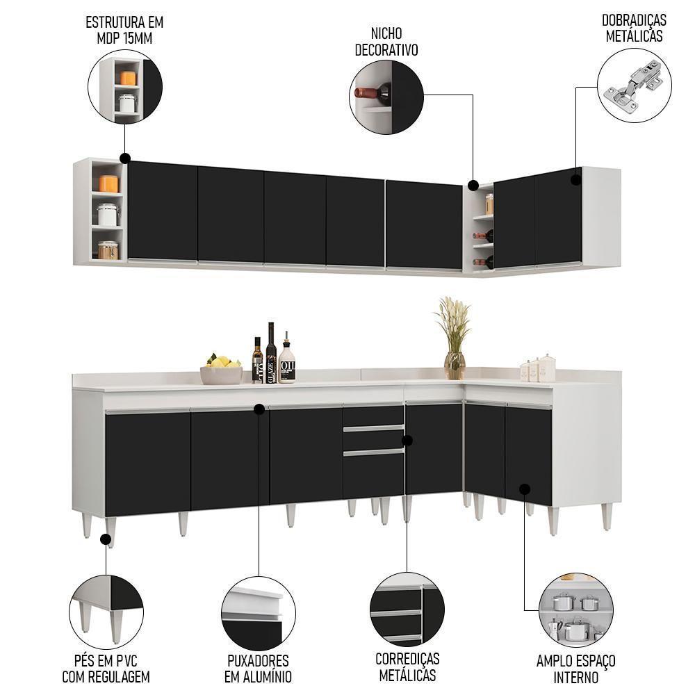 Armário De Cozinha Modulado De Canto 7 Peças Cp35 Balcão Com Tampo Branco/preto - Lumil - 3
