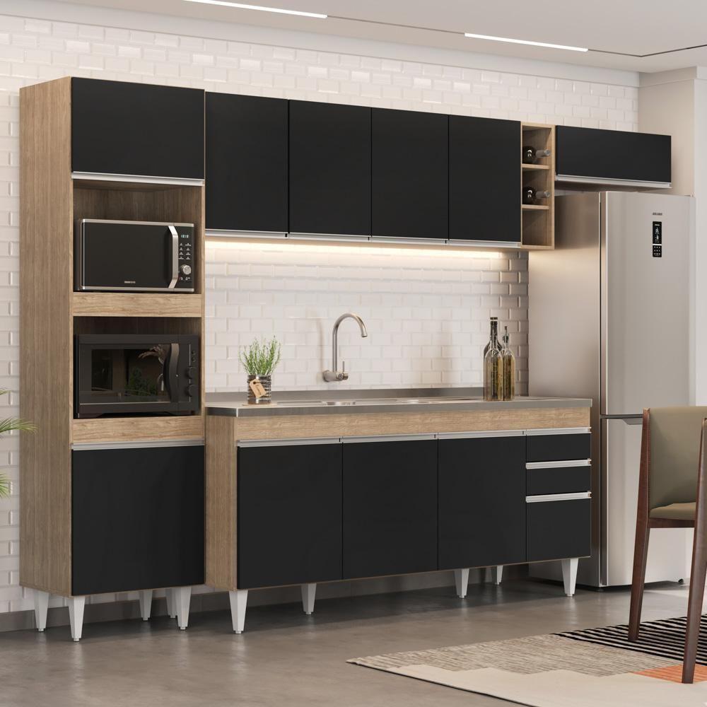 Armário De Cozinha Modulada 5 Peças Cp18 Balcão Com Pia Inox Castanho/preto - Lumil - 5