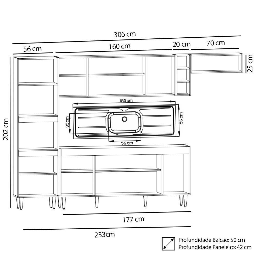 Armário De Cozinha Modulada 5 Peças Cp18 Balcão Com Pia Inox Castanho/preto - Lumil - 7
