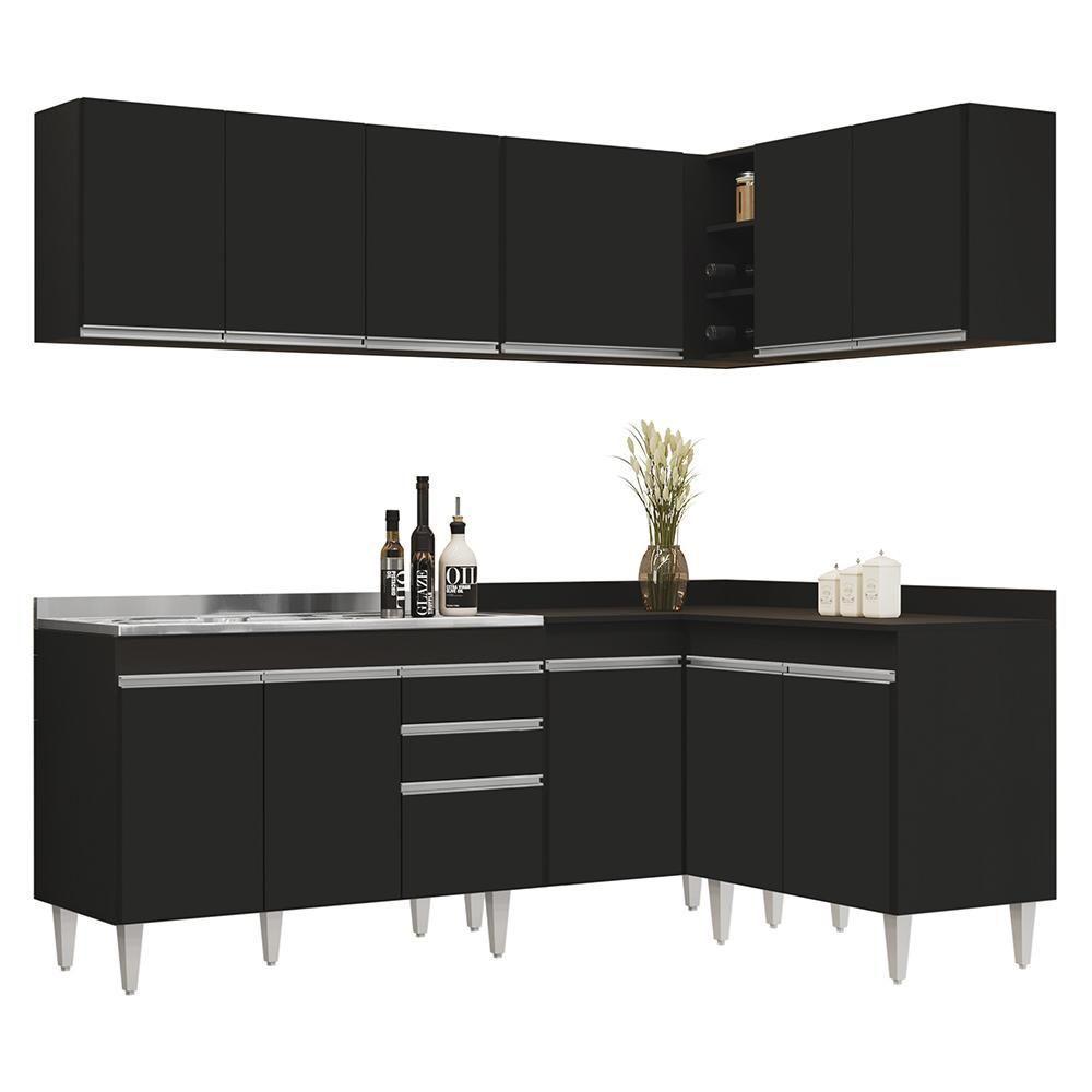 Armário De Cozinha Modulado De Canto 6 Peças Cp30 Com Pia Inox Preto - Lumil - 1