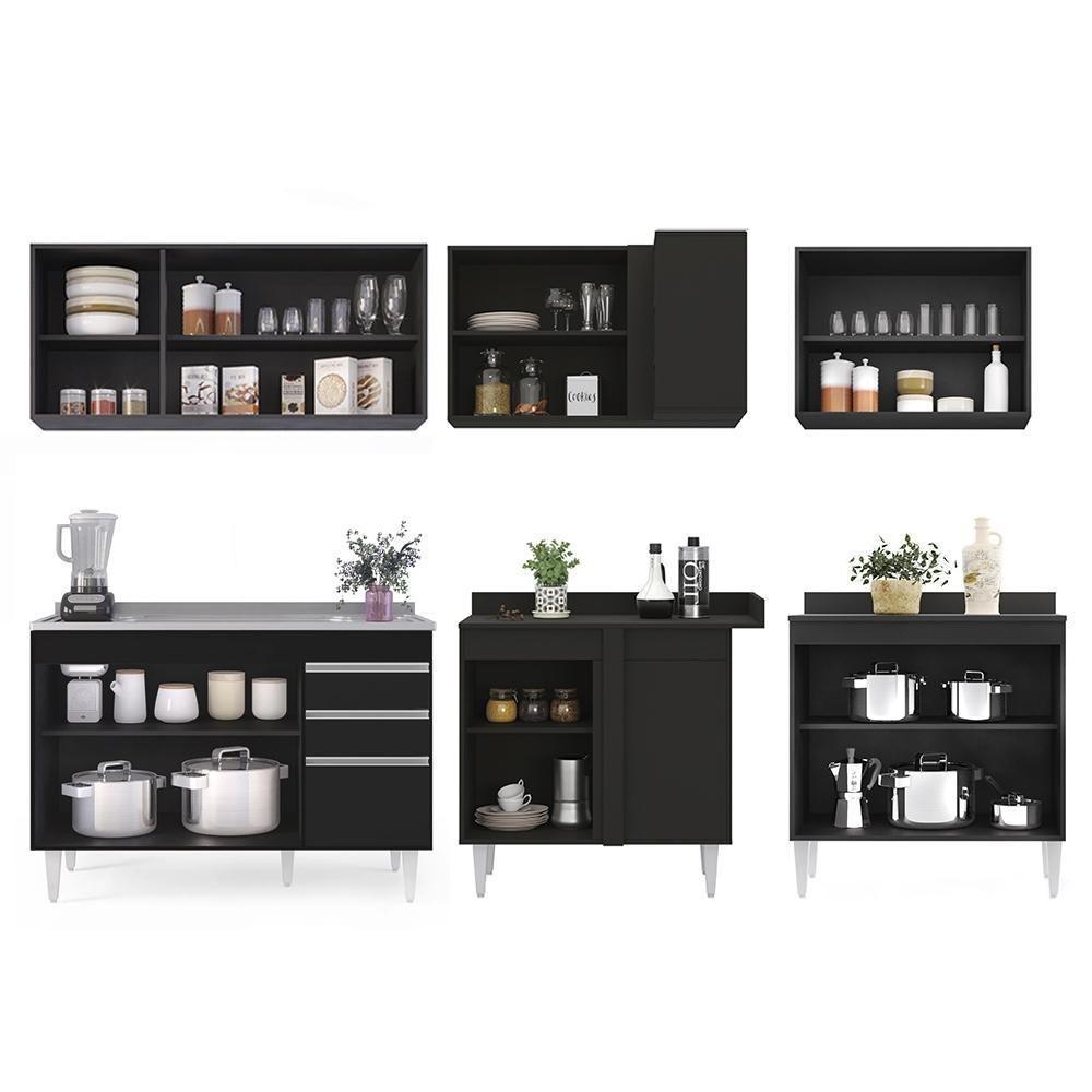 Armário De Cozinha Modulado De Canto 6 Peças Cp30 Com Pia Inox Preto - Lumil - 2