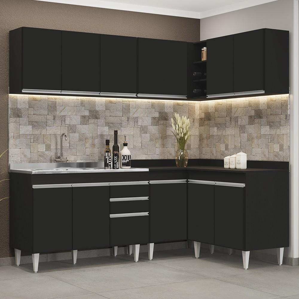Armário De Cozinha Modulado De Canto 6 Peças Cp30 Com Pia Inox Preto - Lumil - 7