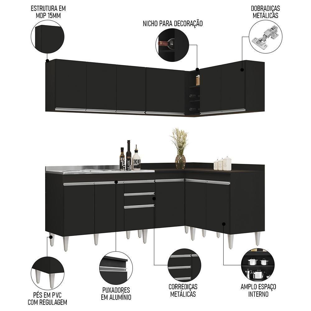 Armário De Cozinha Modulado De Canto 6 Peças Cp30 Com Pia Inox Preto - Lumil - 8