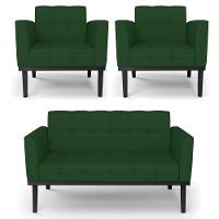 Sofá Namoradeira E 2 Poltronas Base Madeira Preto Ana Veludo Luxo Verde - Ibiza - 1