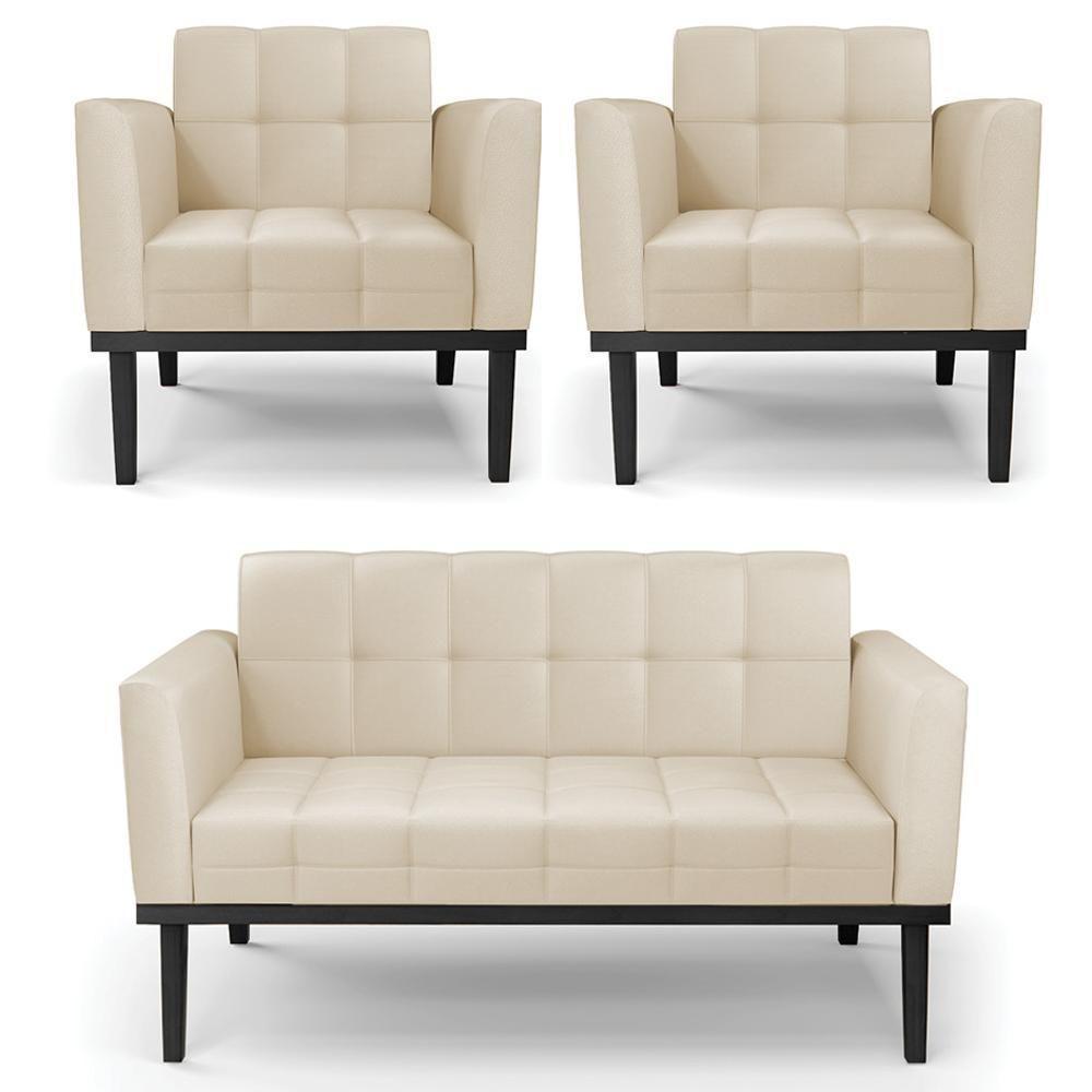 Sofá Namoradeira E 2 Poltronas Base Madeira Preto Ana Sintético Bege - Ibiza - 1